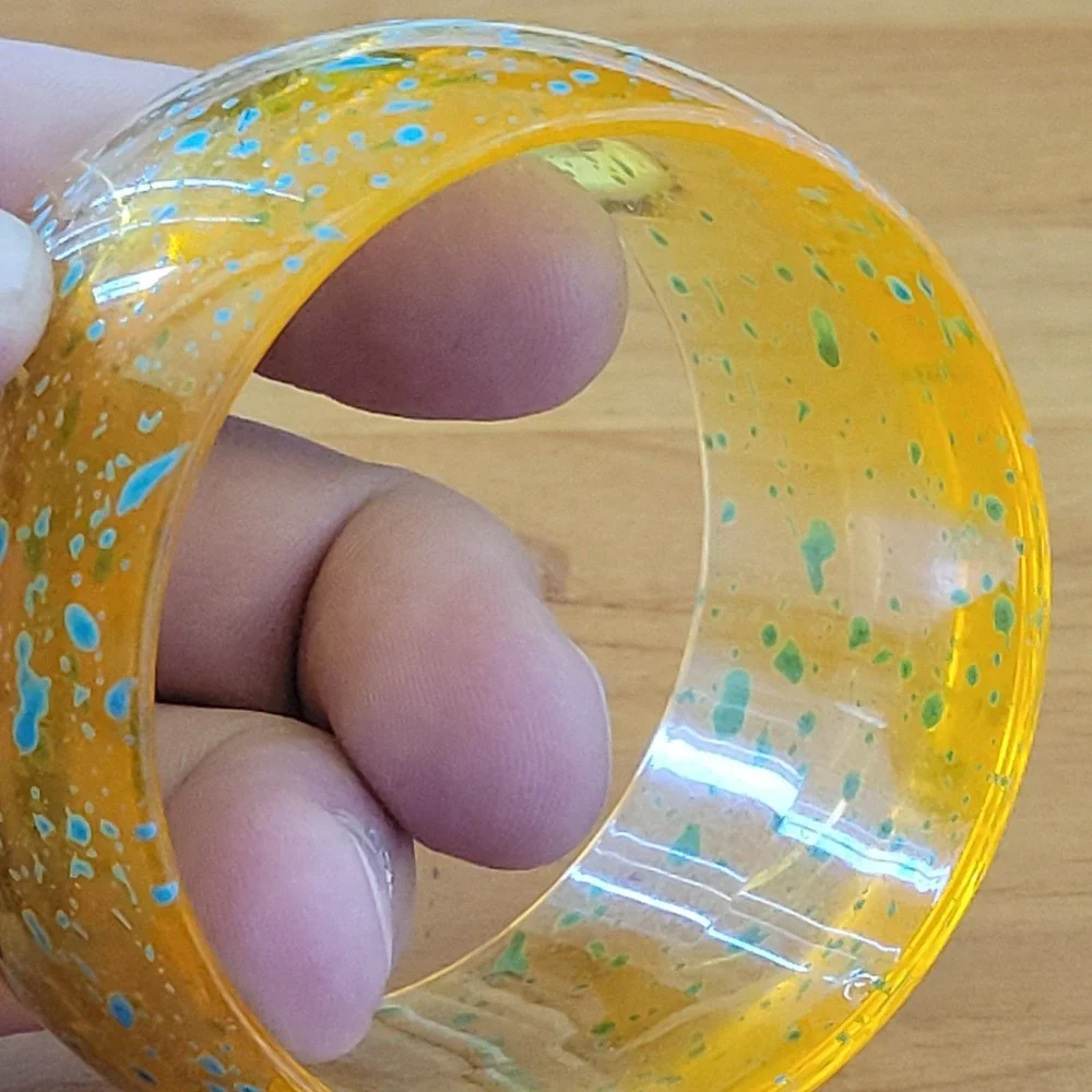 Chunky Amber Resin Bangle Bracelet Blue Splatter Wide Lucite Style 2.5 Inch